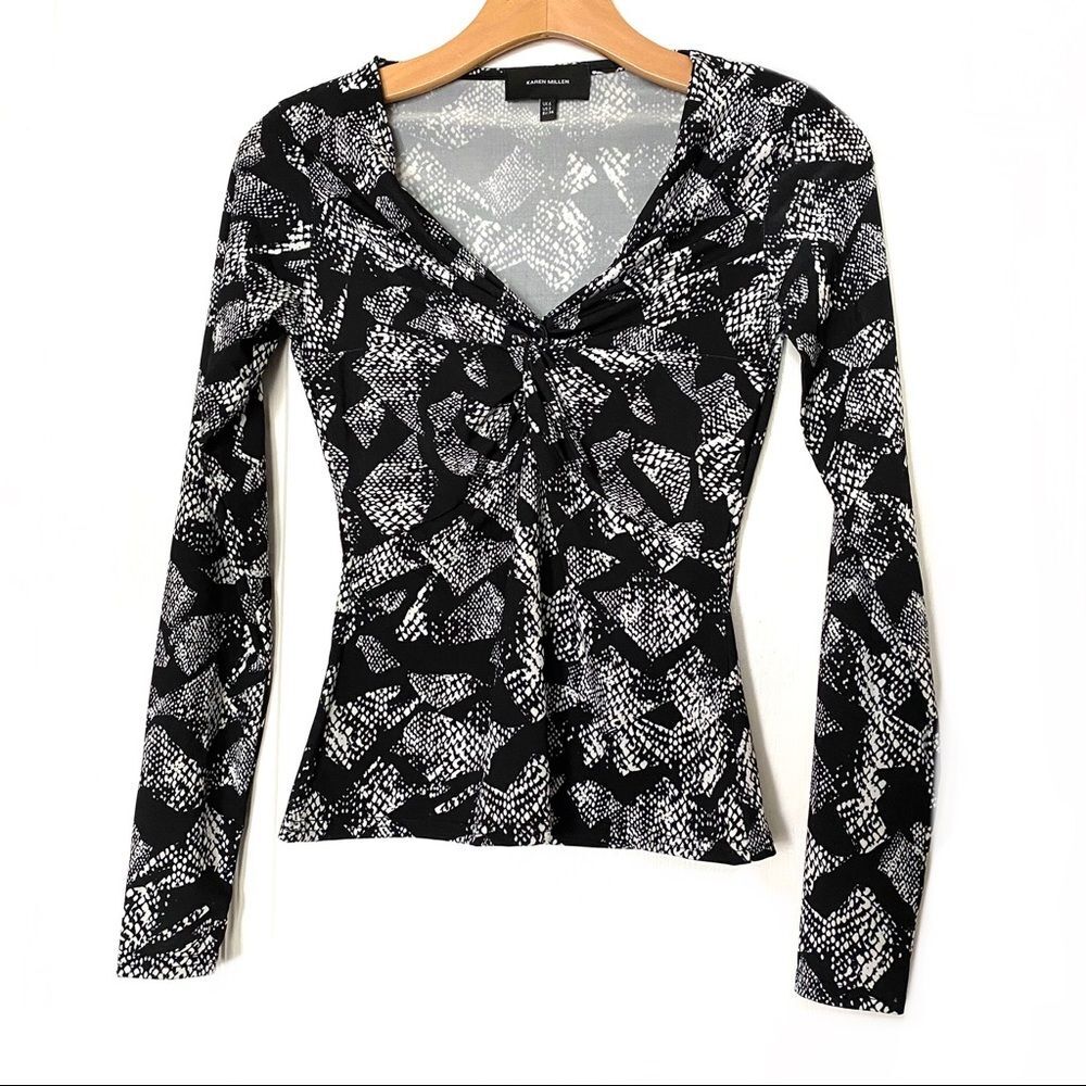 Karen Millen Stretch Knit Top Black White Geometric Print 2 XS Long Sleeve